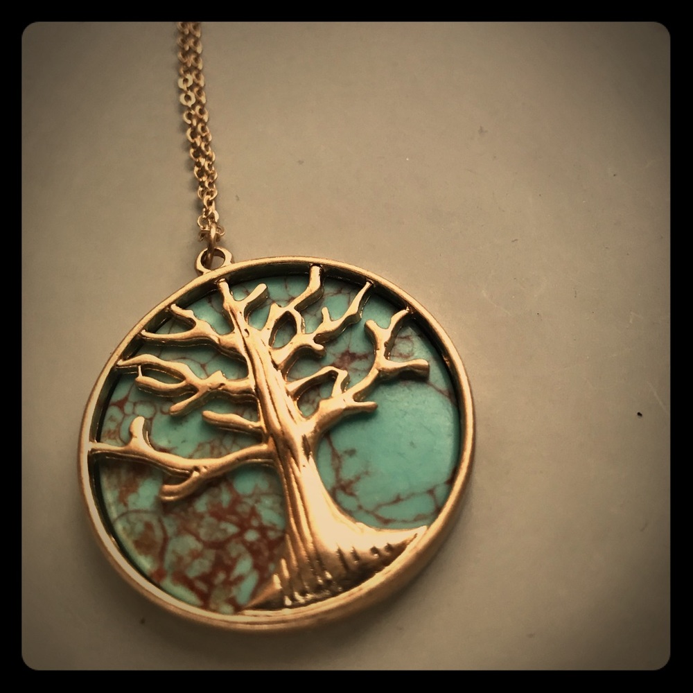 Turquoise Tree of Life necklace pendant gold tone